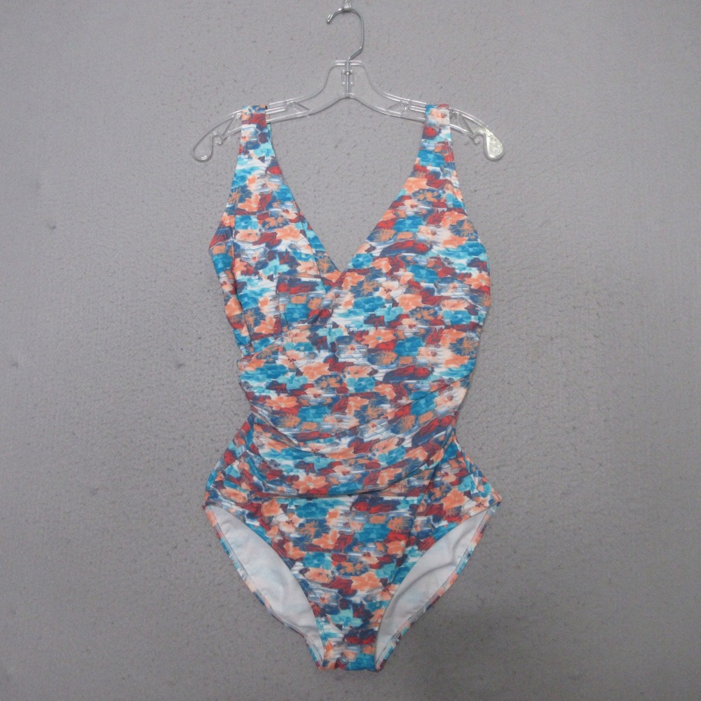 L.L. Bean Swimsuit 12 Blue Orange Floral One Piece Ruched Beach Resort Vacation